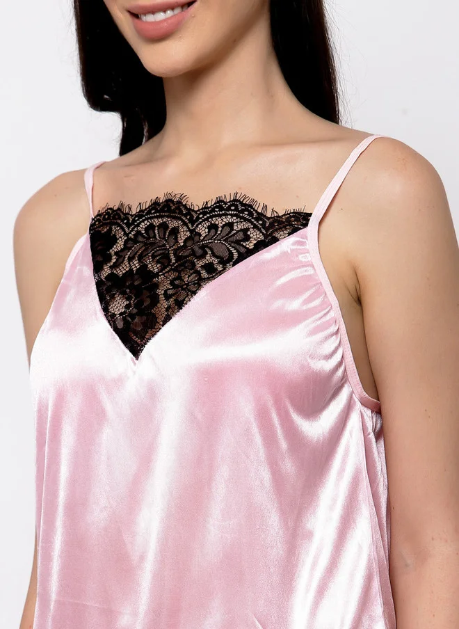 Laceandme Laceandme Women Pink & Black Solid Satin & Lace Night Suit